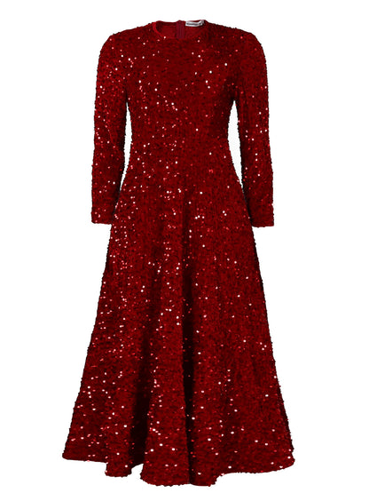LOVERCCR  D469 Cross-Border New Arrival Women's round Neck Long Sleeve Pure Color Sequins High Waist Temperament Mid-Length Formal Dress European and American Style Dress