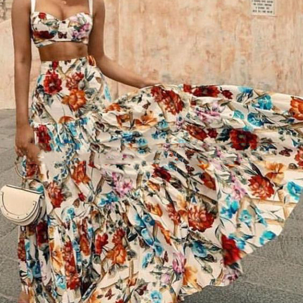 2025 Spring and Summer New  Women's Clothing Sexy Temperament Suspender Printed Dress Set Beach Dress Two-piece Pack