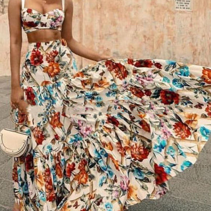 2025 Spring and Summer New  Women's Clothing Sexy Temperament Suspender Printed Dress Set Beach Dress Two-piece Pack