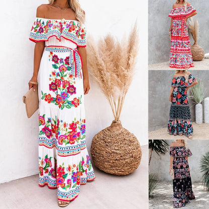 2025 Popularan, 2025n spring and summer independent station 's new one-word shoulder red flower printing long pendulum dress