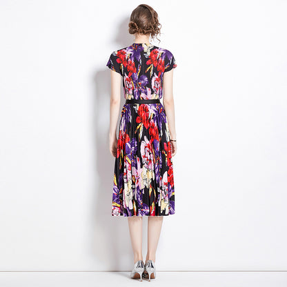 Pleated summer new fashion slim-fit shirt + printed pleated skirt two-piece set