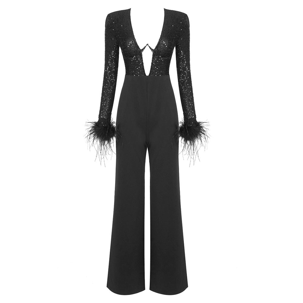 LOVECCR 2025 women's clothing early autumn new popular black long-sleeved beaded feather jumpsuit women's New thin jumpsuit