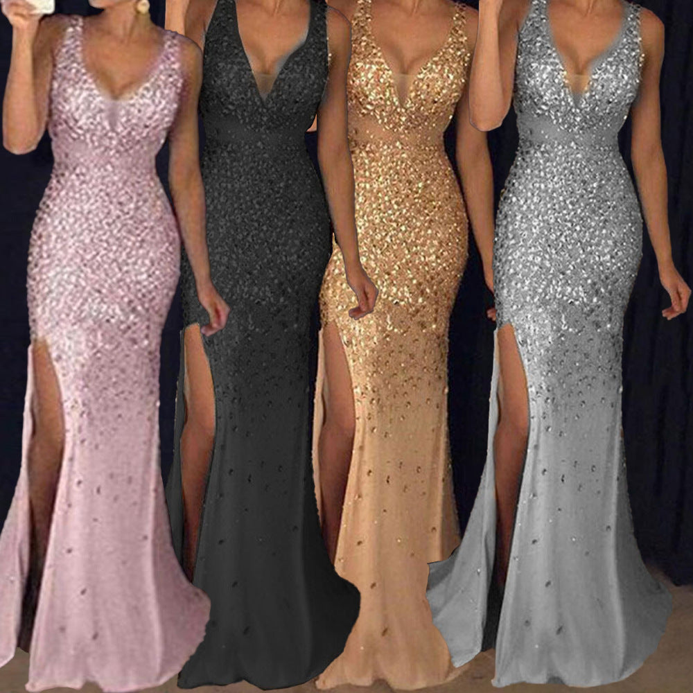 2025 new 2025 New women's clothing,  long dress suspender V-neck split gold dress dress dress