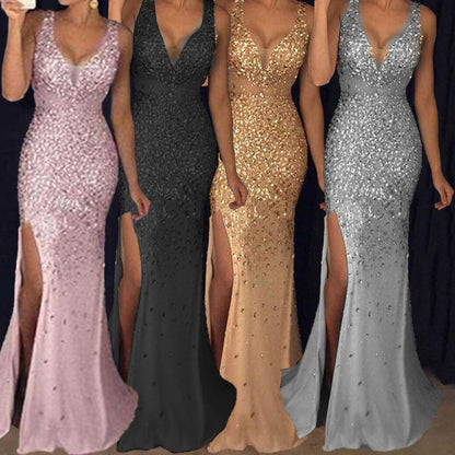 2025 new 2025 New women's clothing,  long dress suspender V-neck split gold dress dress dress