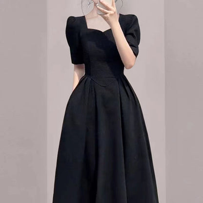 Elegant Hepburn Style High Sense Square Collar Dress  Summer New Women's Clothing Western Style Waist-Slimming Puff Sleeve Skirt