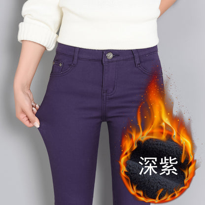 Plus Size Fleece-lined Thick Color Pants Korean Style Winter Skinny Jeans Women's Candy Color Warm Pencil Pants Women's Pants