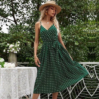 LOVECCR summer explosion 2025 chiffon medium and long strap polka dot v-neck suspender pleated dress women