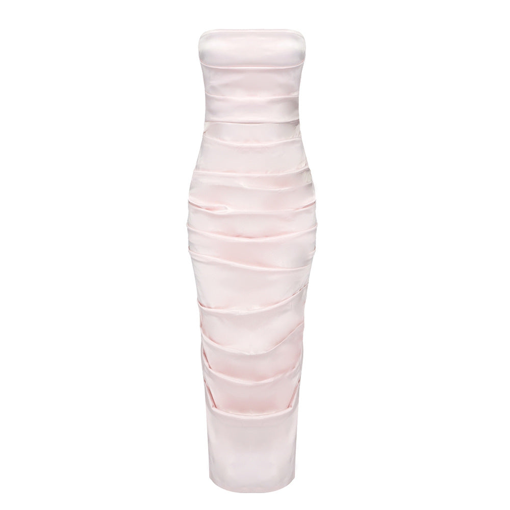 LOVECCR Summer new  women's clothing shrink pleated tube top sexy age-reducing pink long dress 2025 slim-fitting temperament dress