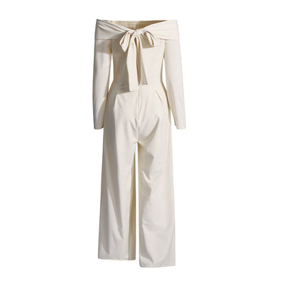 2025 Temperament elegant solid color jumpsuit  spring new fashion one-word collar long sleeve waist thin jumpsuit women