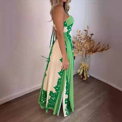2025 summer New new 2025 neck sexy color matching fashion vacation beach long printing dress women's clothing