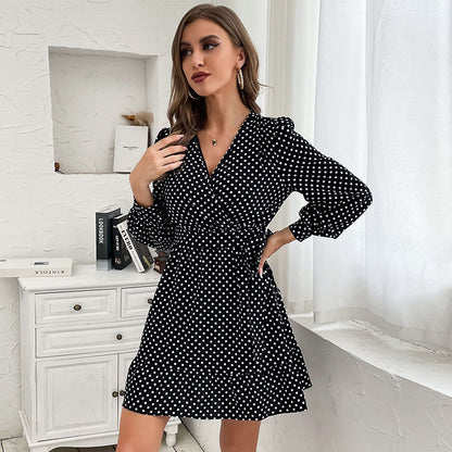 LOVECCR Spring and Autumn Polka Dot Temperament Dress  2025 Hot Trade Women's Dress V-Neck Lotus Leaf Skirt