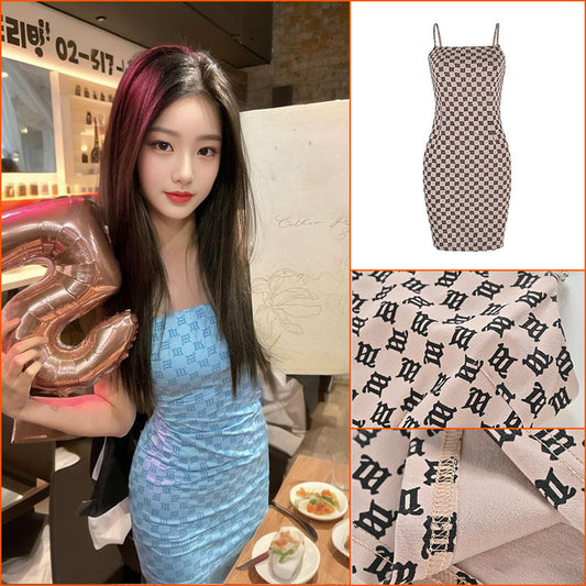 Pure lust sweet babes slim fit plaid print suspender dress women's summer high waist thin dress J3173