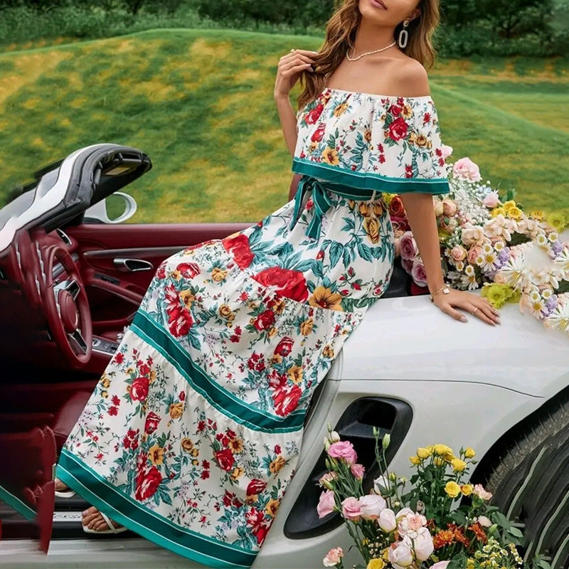 2025 Popular trade spring and summer  independent station wish new one-word shoulder printing long pendulum dress