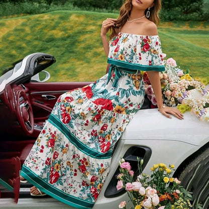 2025 Popular trade spring and summer  independent station wish new one-word shoulder printing long pendulum dress