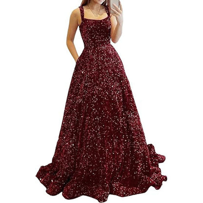 LOVECCR Foreign Trade  Prom Dresses Long A- line Formal Evening Gown with Pockets Side Slit Glitter Party Dress