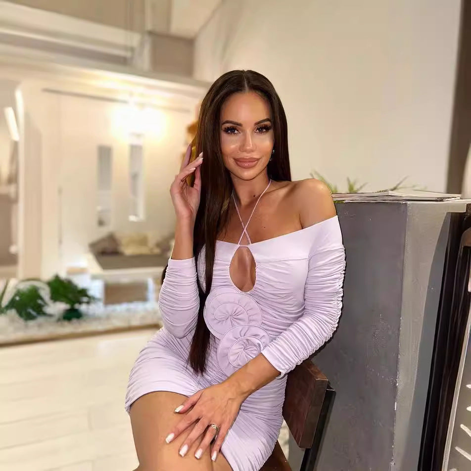 LOVECCR 2023 new light purple long-sleeved hollow pleated flower hip skirt bottoming New women's clothing neck dress autumn