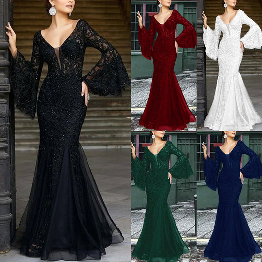 New new  women's clothing  dress lace embroidered fishtail black slim-fitting evening dress