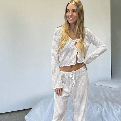 LOVECCR 2025 new knitted cardigan long-sleeved trousers loungewear summer women's casual and comfortable pajamas can be wholesale
