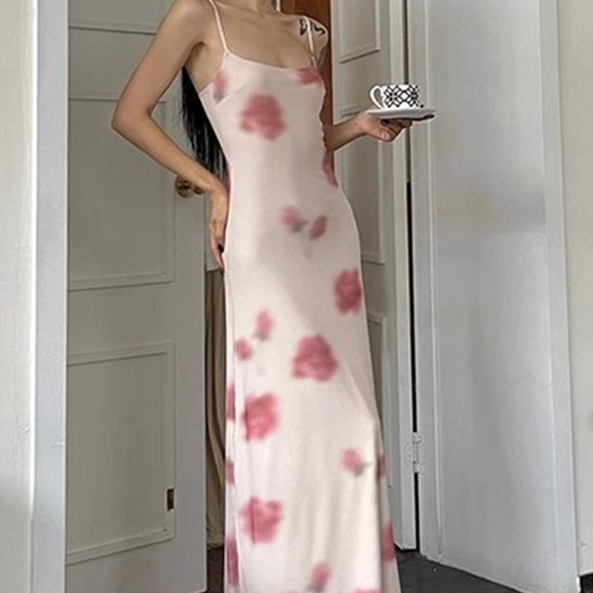 LOVECCR 2025 PB213  New new holiday beach dress printed elastic mesh suspender dress sexy long dress women