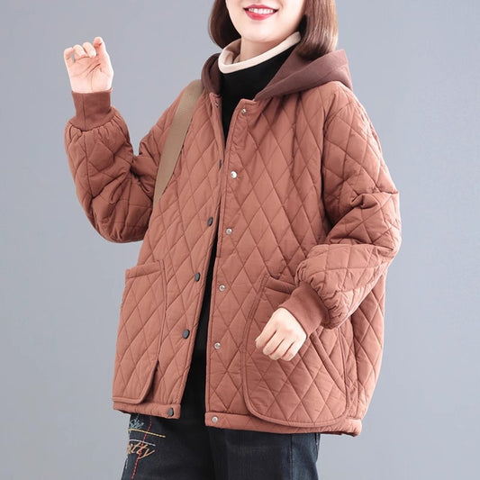 popular winter new Korean version loose large size rhombus grid hooded padded cotton fashionable thickened casual cotton-padded jacket women