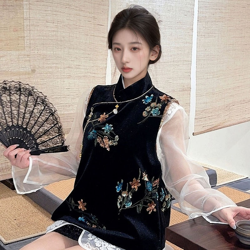 spring new new Chinese satin sequined vest national style temperament design sense black vest M3038