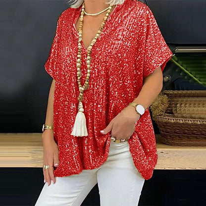 2025 new 2025  short-sleeved urban casual color loose pullover sequined V-neck T-shirt top women's clothing