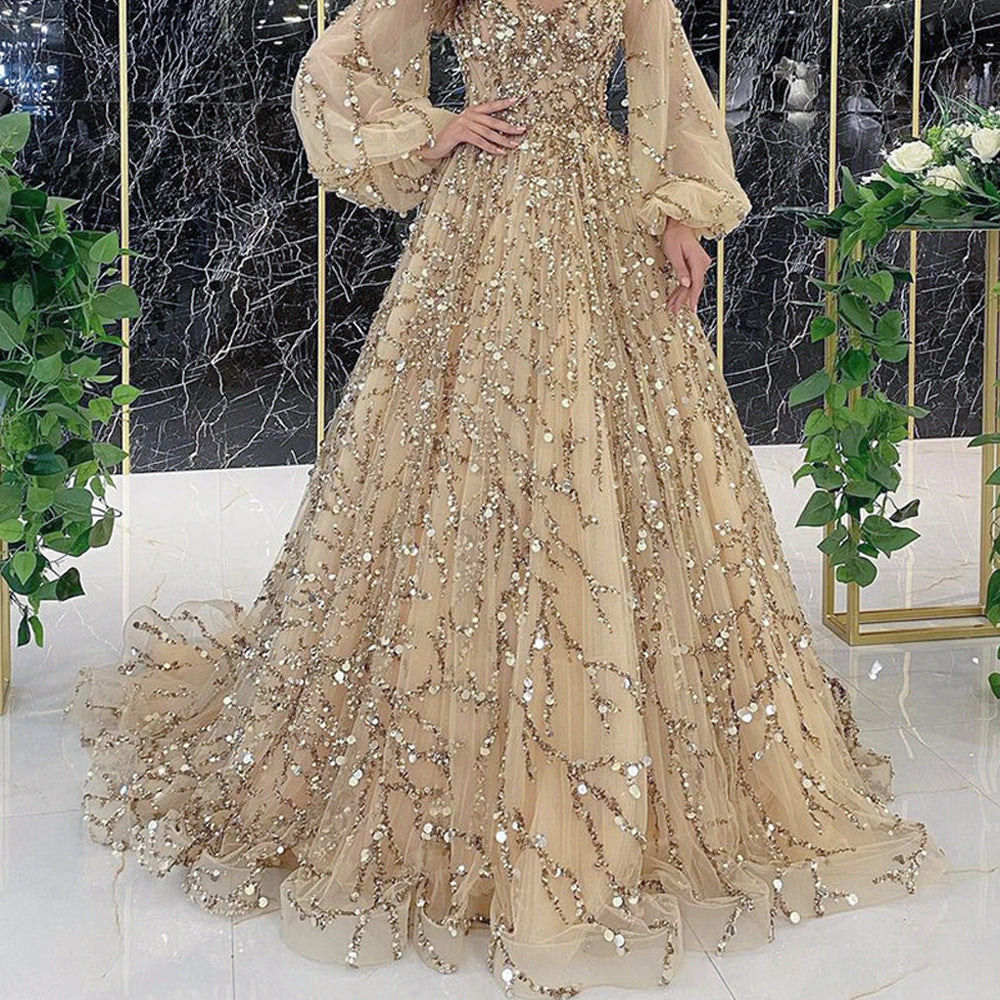 New new gold heavy industry beads luxury evening dress sexy celebrity aura queen long dress SC7109
