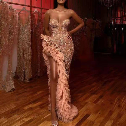 2025 New summer new 2025 women's clothing  dress fringed tail sexy gold tube top evening dress
