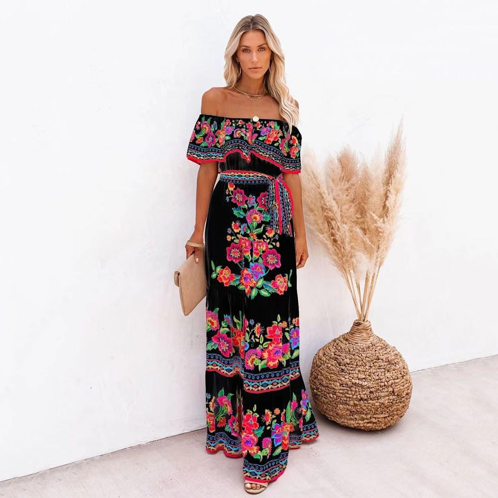 2025 Popularan, 2025n spring and summer independent station 's new one-word shoulder red flower printing long pendulum dress