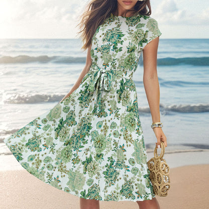LOVECCR Summer short-sleeved lace-up pleated dress  temu hot sale fashionable women's clothing elegant temperament simple skirt