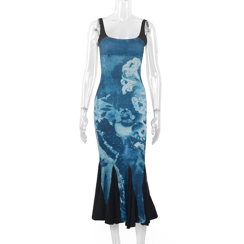 LOVECCR 2025 PB138 popular street style new Y2K long dress printing splicing contrasting color wasteland wind flower suspender dress tide