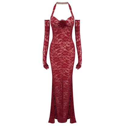 LOVECCR popular summer suspender neck slim fit 2025 red new lace mesh dress long dress evening dress wholesale