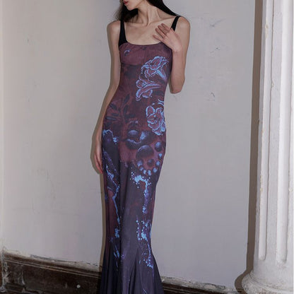 LOVECCR 2025 PB138 popular street style new Y2K long dress printing splicing contrasting color wasteland wind flower suspender dress tide