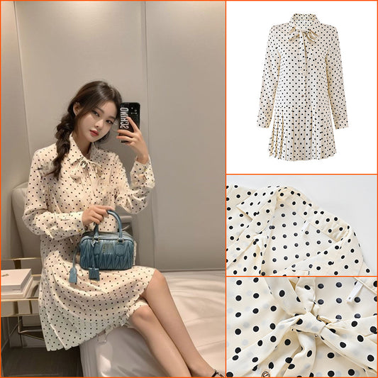 retro printing polka dot stand-up collar long-sleeved dress summer new slim-fit pleated medium-length dress L6086