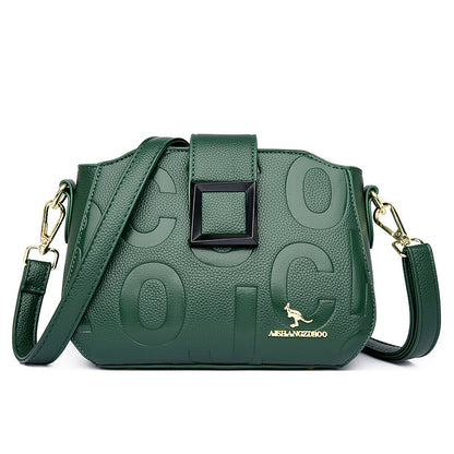 2025 Bag popular New Fashion Letter Embossed Shoulder Bag Simple Square Buckle Middle-aged Mom Bag Wide Shoulder Strap Crossbody Bag
