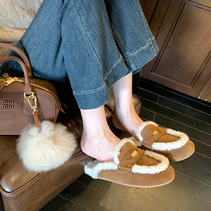 2025  Baotou half slippers, one pedal, gold coins to keep warm, plush slippers, women wear muller shoes