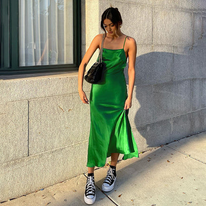 2025 summer new suspender ice silk simulation silk design sense niche dress slit long dress  sexy women