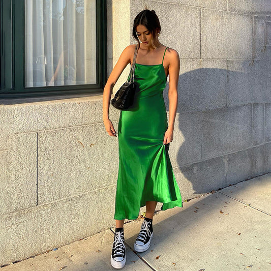 2025 summer new suspender ice silk simulation silk design sense niche dress slit long dress  sexy women