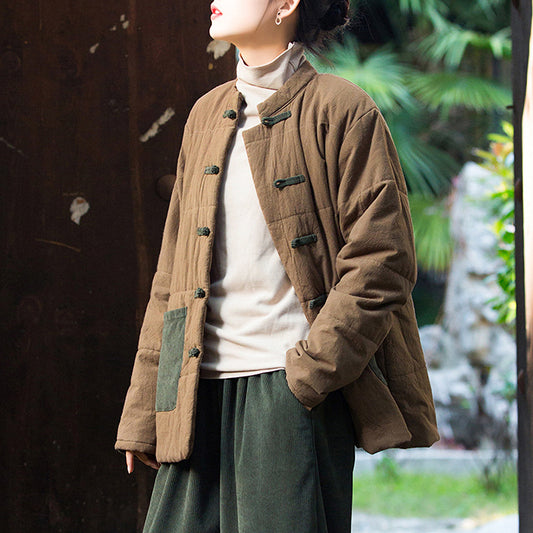 Padded and thickened padded jacket for women popular winter loose Tang suit buckle ethnic style cotton-padded clothing Zen tea clothing retro cotton-padded clothing