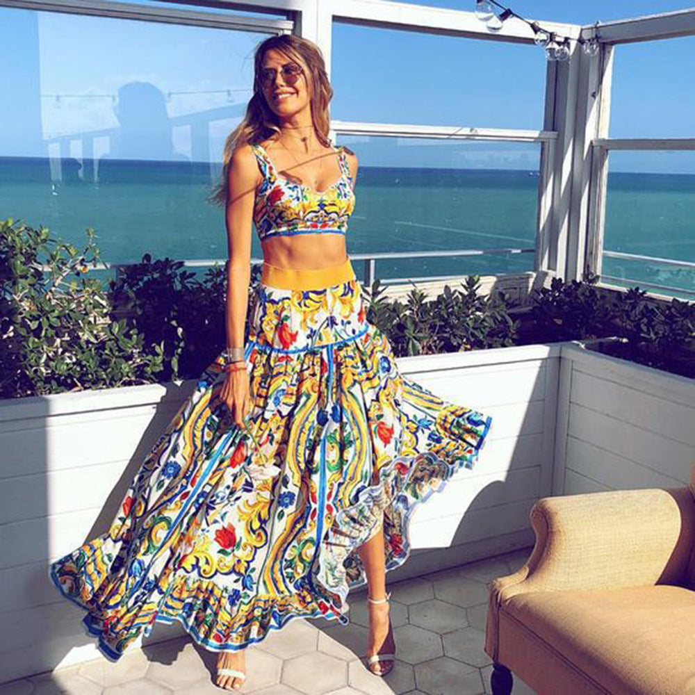 Cross-border Spring and Summer New  Women's Clothing Sexy Temperament Suspender Printed Dress Set Beach Dress Two-piece Pack