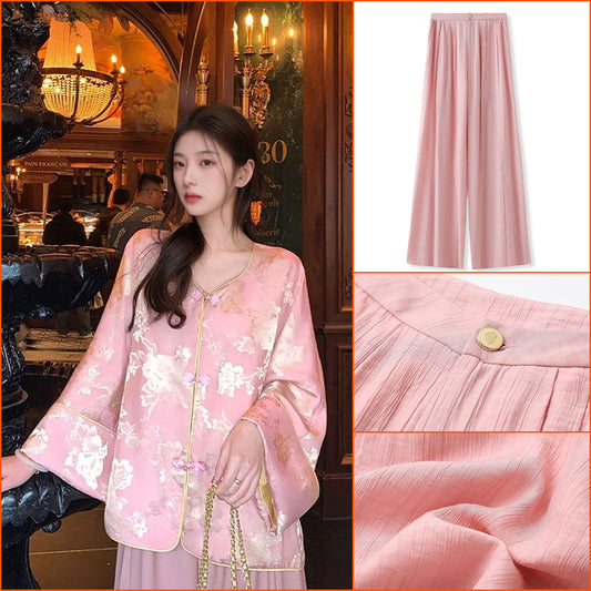 spring new new Chinese light national style ultra loose split wide leg pants simple light luxury straight pants M4120