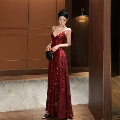2025 Muse Fan Blue Sequin Dress Women's Summer Seaside Vacation Hepburn Style Premium Split Dress Suspender Long Dress