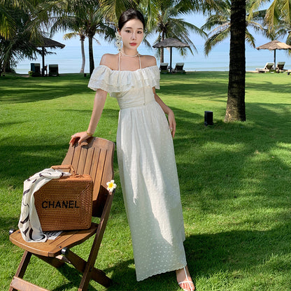 2025 Summer Heavy Industry  Shoulder Fairy Vacation Dress Off Shoulder Palace Style Ruffle Edge White Muse Fan Dress
