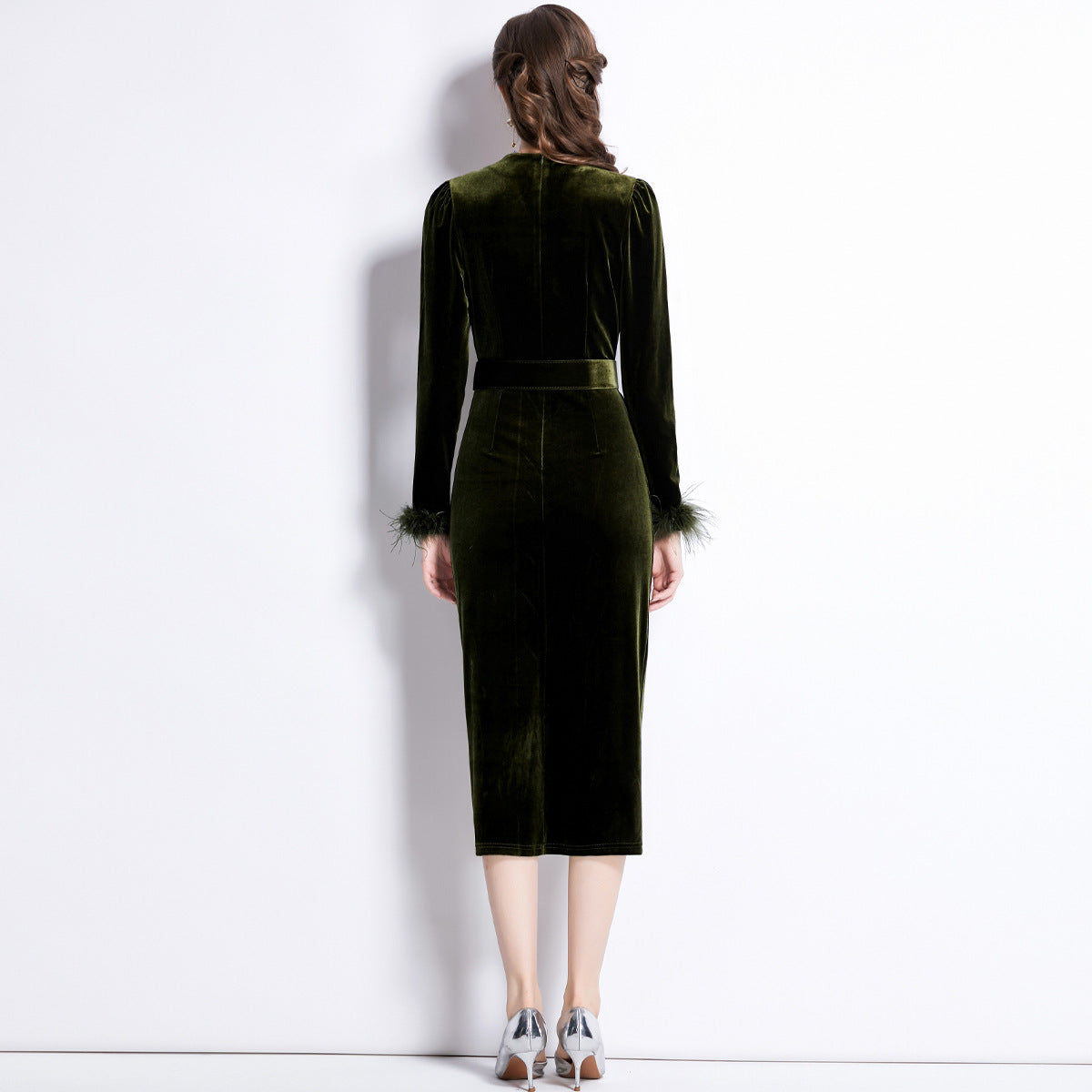 Temperament Celebrity Golden Velvet Dress Women's  Autumn and Winter New V-Neck Waist Pleated Split Dress