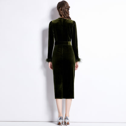 Temperament Celebrity Golden Velvet Dress Women's  Autumn and Winter New V-Neck Waist Pleated Split Dress