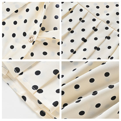 retro printing polka dot stand-up collar long-sleeved dress summer new slim-fit pleated medium-length dress L6086