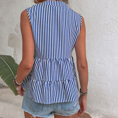 LOVECCR New Hot Trade popular Summer New Cross-border Top 2025 Sleeveless V-Neck Vertical Striped Shirt