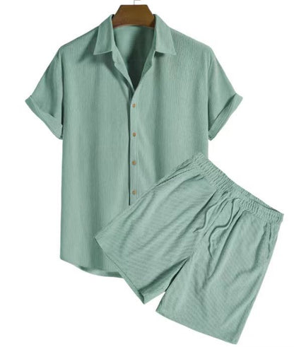 European and American  Foreign Trade Independent Station Men's Casual Loose Multi-Color Beachwear Corduroy Short Sleeve Suit Two-Piece Set