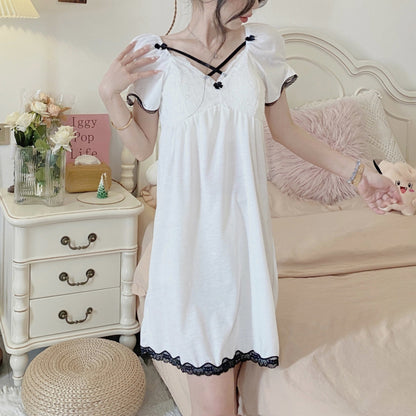 2025 nightgown with chest pad women's summer thin short-sleeved sweet girl style lace edge cute medium and long knee loungewear