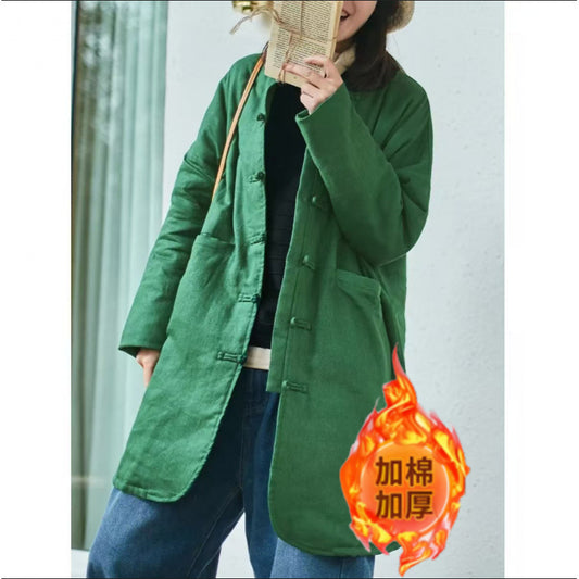 Thickened popular autumn and winter new loose large size retro literary placket Chinese medium and long cotton-padded clothes warm tea clothes jacket
